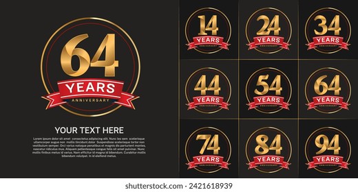 anniversary logotype set vector, gold color with circle and red ribbon for special day celebration