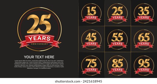 anniversary logotype set vector, gold color with circle and red ribbon for special day celebration