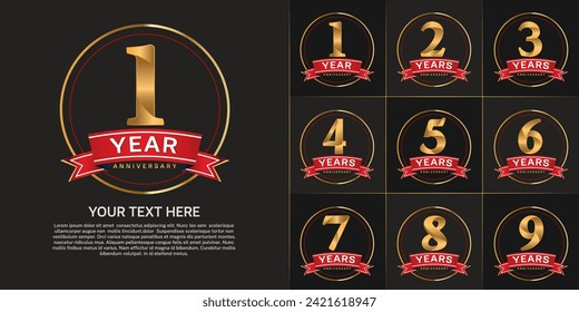 anniversary logotype set vector, gold color with circle and red ribbon for special day celebration