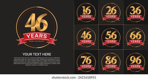 anniversary logotype set vector, gold color with circle and red ribbon for special day celebration