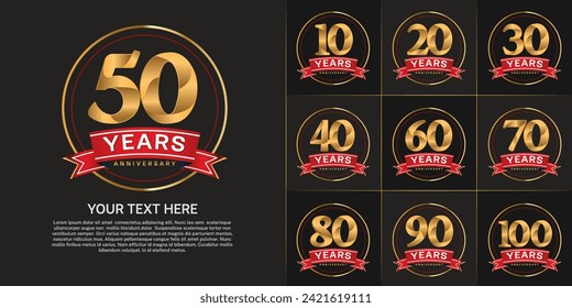 anniversary logotype set vector, gold color with circle and red ribbon for special day celebration
