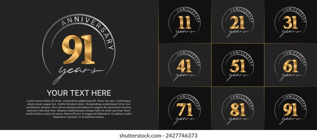 anniversary logotype set vector, gold color with silver circle for special day celebration