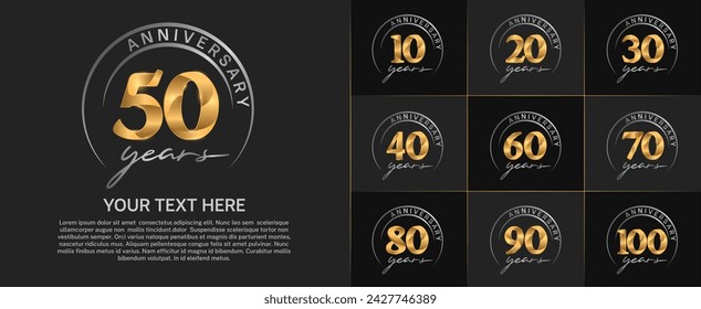 anniversary logotype set vector, gold color with silver circle for special day celebration