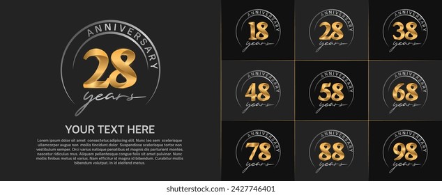 anniversary logotype set vector, gold color with silver circle for special day celebration