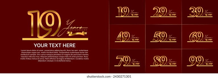 vector del conjunto del logotipo del aniversario, color dorado de la línea para la celebración especial del día
