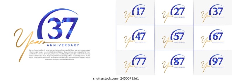logotipo de aniversario conjunto de Vector, oro y color azul con swoosh para la celebración especial del día