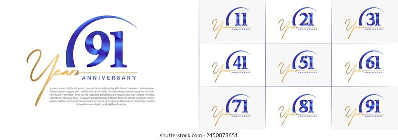 anniversary logotype set vector, gold and blue color with swoosh for special day celebration