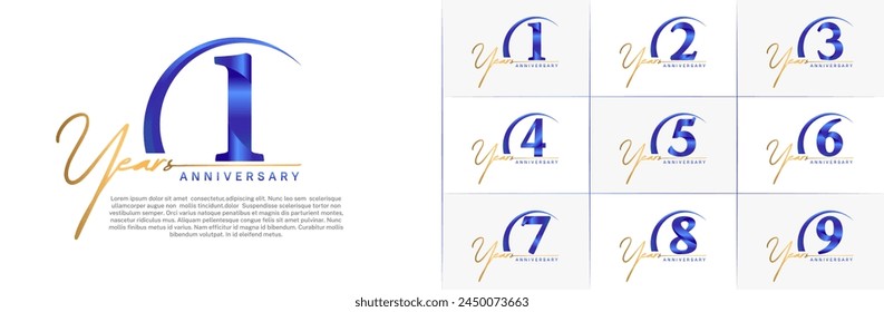 anniversary logotype set vector, gold and blue color with swoosh for special day celebration