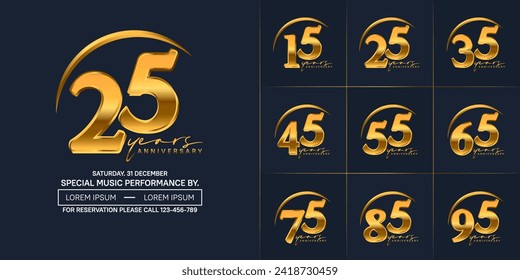 anniversary logotype set vector, golden color with swoosh for special day celebration