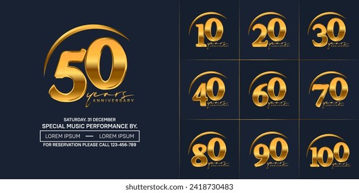 anniversary logotype set vector, golden color with swoosh for special day celebration