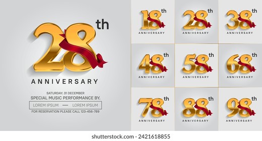 anniversary logotype set vector, golden color and red ribbon for special day celebration