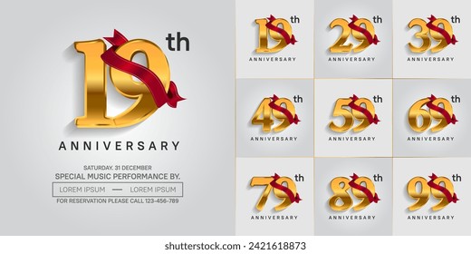 anniversary logotype set vector, golden color and red ribbon for special day celebration