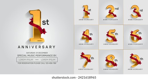 anniversary logotype set vector, golden color and red ribbon for special day celebration