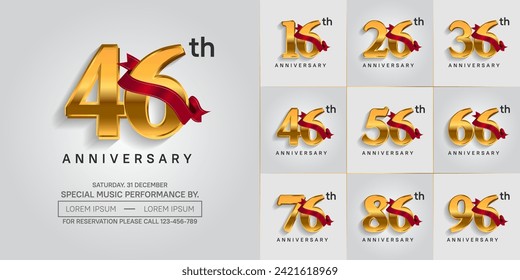 anniversary logotype set vector, golden color and red ribbon for special day celebration