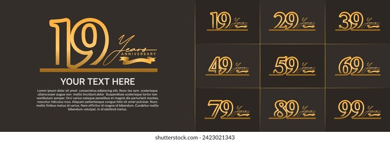 anniversary logotype set vector, golden line color for special day celebration