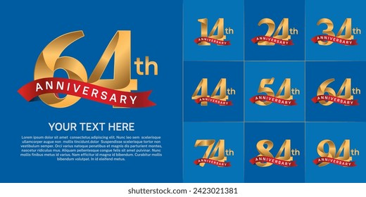 anniversary logotype set vector, golden color and red ribbon for special day celebration