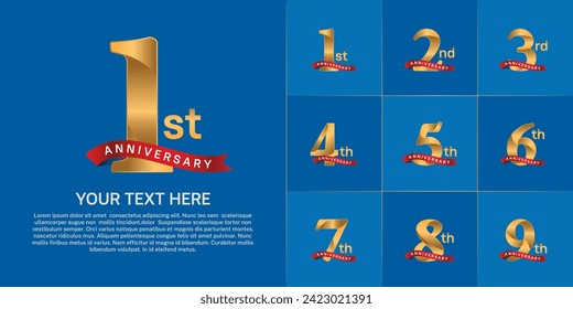 anniversary logotype set vector, golden color and red ribbon for special day celebration