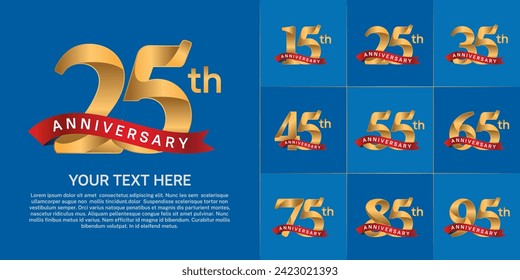 anniversary logotype set vector, golden color and red ribbon for special day celebration