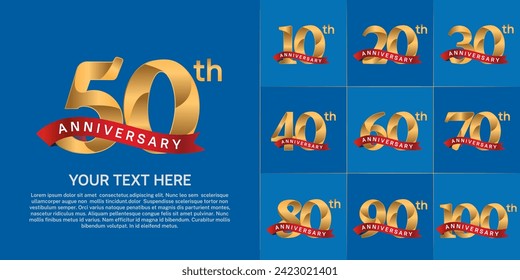 anniversary logotype set vector, golden color and red ribbon for special day celebration