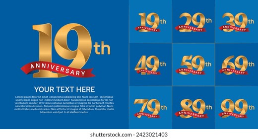 anniversary logotype set vector, golden color and red ribbon for special day celebration