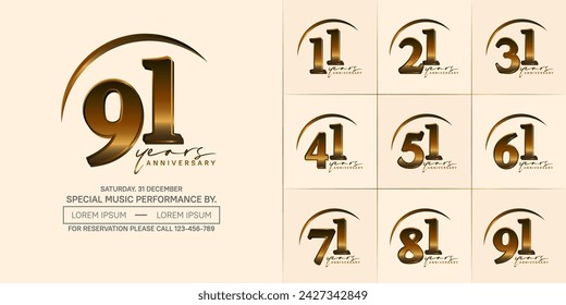 anniversary logotype set vector, golden color with swoosh for special day celebration