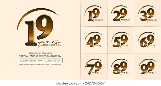 vector del conjunto del logotipo del aniversario, color dorado con swoosh para la celebración especial del día