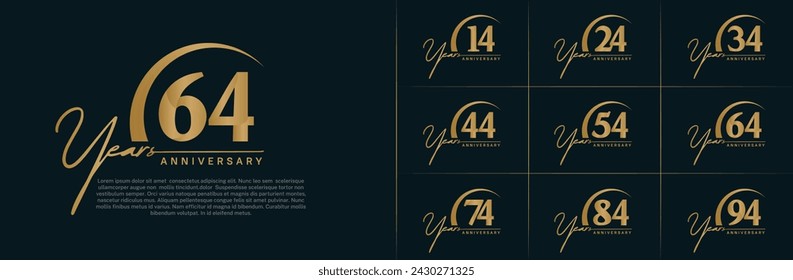 vector del conjunto del logotipo del aniversario, color dorado con swoosh para la celebración especial del día