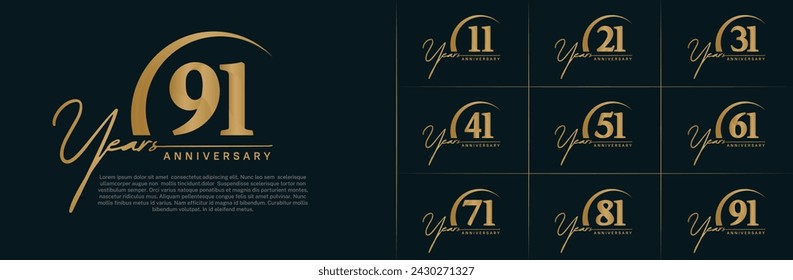 anniversary logotype set vector, golden color with swoosh for special day celebration