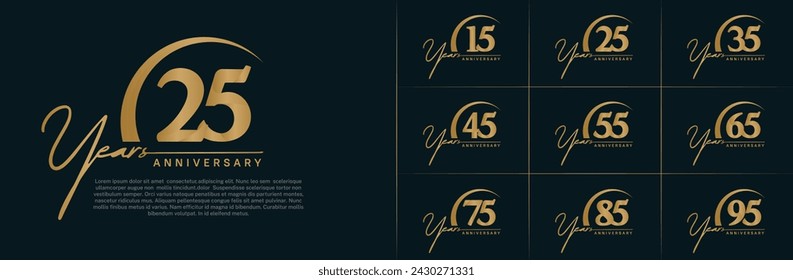 vector del conjunto del logotipo del aniversario, color dorado con swoosh para la celebración especial del día