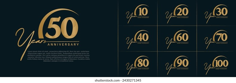 anniversary logotype set vector, golden color with swoosh for special day celebration