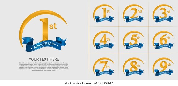 anniversary logotype set vector, golden color with blue ribbon for special day celebration