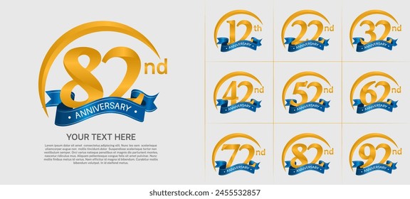 anniversary logotype set vector, golden color with blue ribbon for special day celebration
