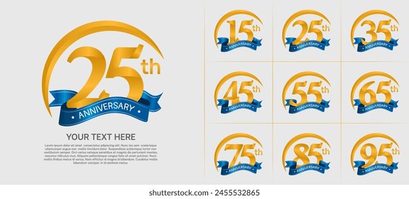 anniversary logotype set vector, golden color with blue ribbon for special day celebration