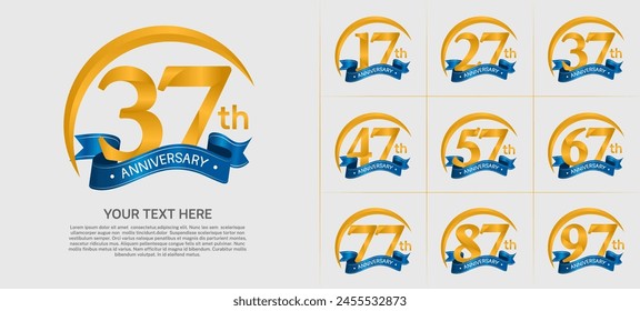 Vector del logotipo del aniversario, color dorado con la cinta azul para la celebración especial del día