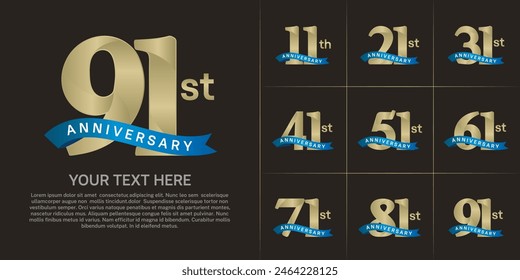 anniversary logotype set vector, golden color and blue ribbon for special day celebration