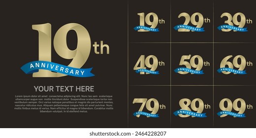 anniversary logotype set vector, golden color and blue ribbon for special day celebration