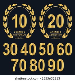 anniversary logotype set vector, golden color. 10, 20, 30, 40 ,50, 60, 70, 80, 90 years jubilee. Celebration design element. Vector illustration.