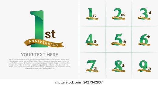 anniversary logotype set vector, green color and gold ribbon for special day celebration