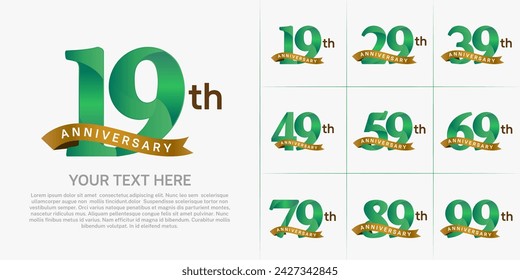 vector del conjunto del logotipo del aniversario, color verde y cinta de oro para la celebración especial del día
