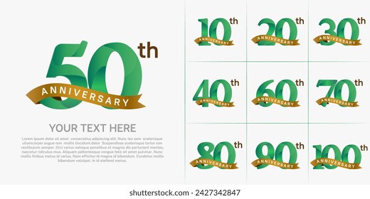 anniversary logotype set vector, green color and gold ribbon for special day celebration