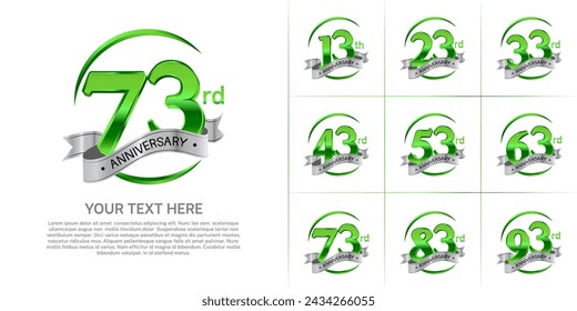 anniversary logotype set vector, green color and silver ribbon for special day celebration