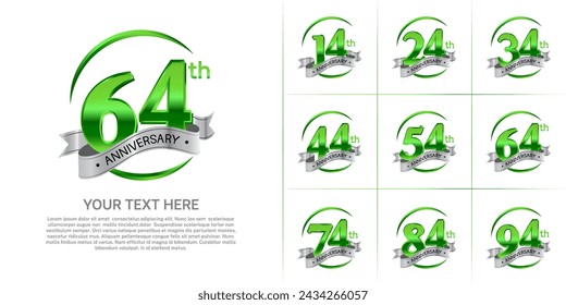 anniversary logotype set vector, green color and silver ribbon for special day celebration