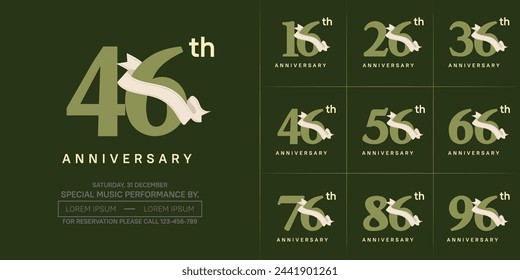 anniversary logotype set vector, green color and white ribbon for special day celebration