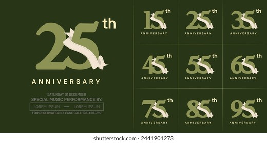 anniversary logotype set vector, green color and white ribbon for special day celebration