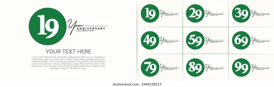Vector del conjunto del logotipo del aniversario, círculo del color verde para la celebración especial del día