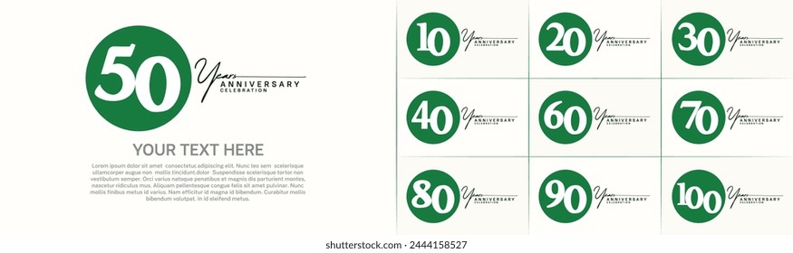 Vector del conjunto del logotipo del aniversario, círculo del color verde para la celebración especial del día