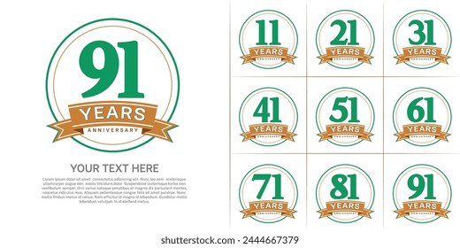 anniversary logotype set vector, green color with circle and brown ribbon for special day celebration