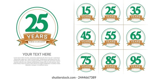 anniversary logotype set vector, green color with circle and brown ribbon for special day celebration