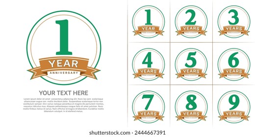 anniversary logotype set vector, green color with circle and brown ribbon for special day celebration