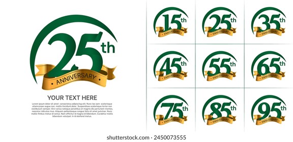 anniversary logotype set vector, green color with golden ribbon for special day celebration